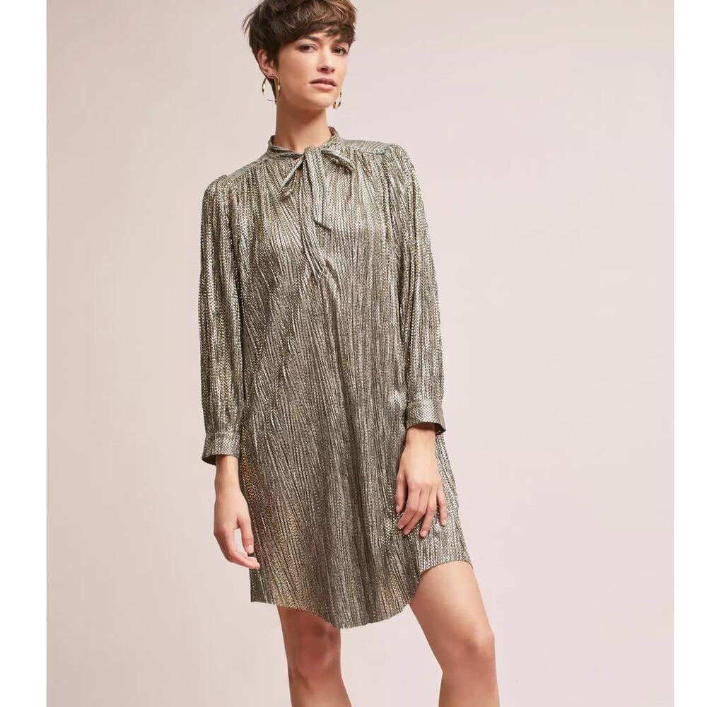 Sabina Musayev Tied Shimmer Tunic XXS Petite Metallic Tie-Neck Dress Retail $148